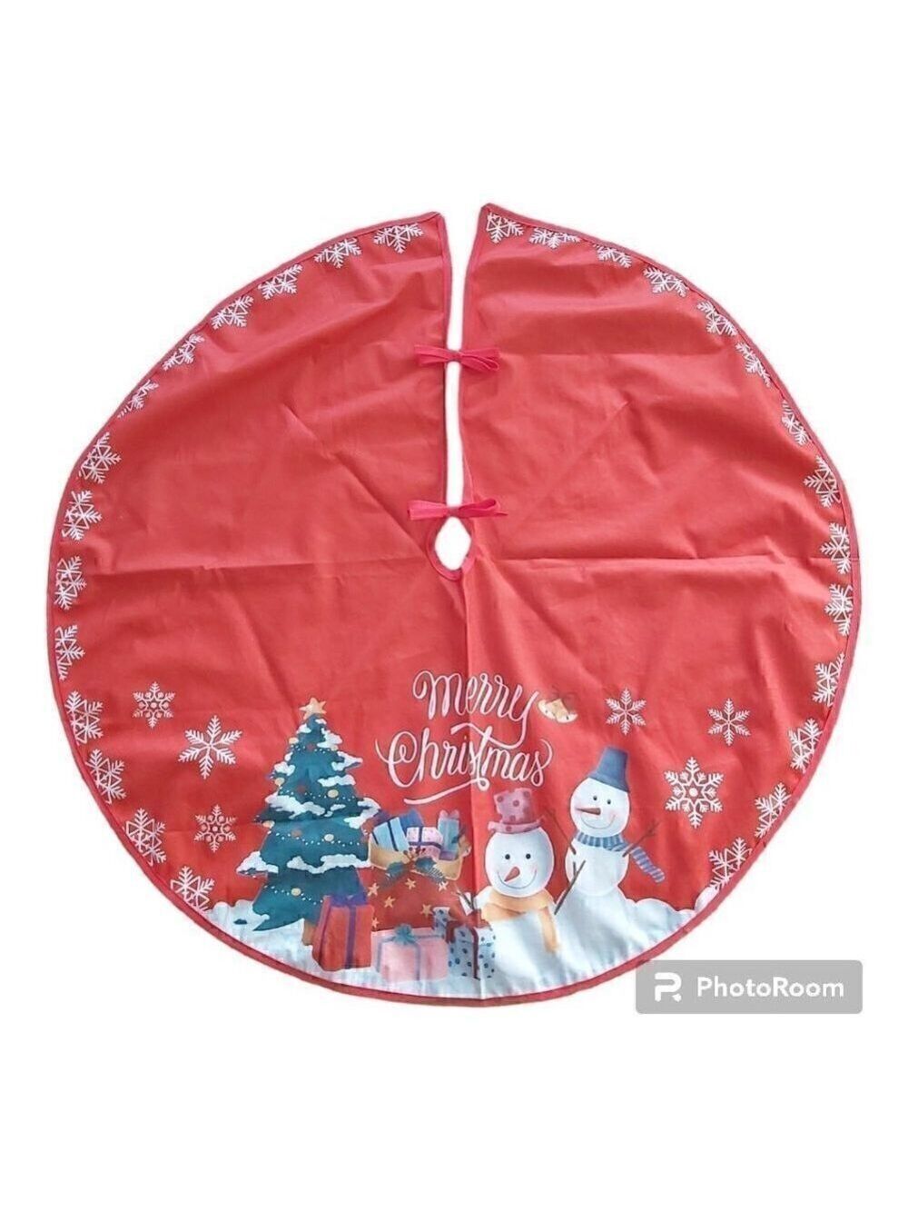 Nwot Red Medium Merry Christmas Snowmen Scene Christmas Tree Skirt - Size 34 In